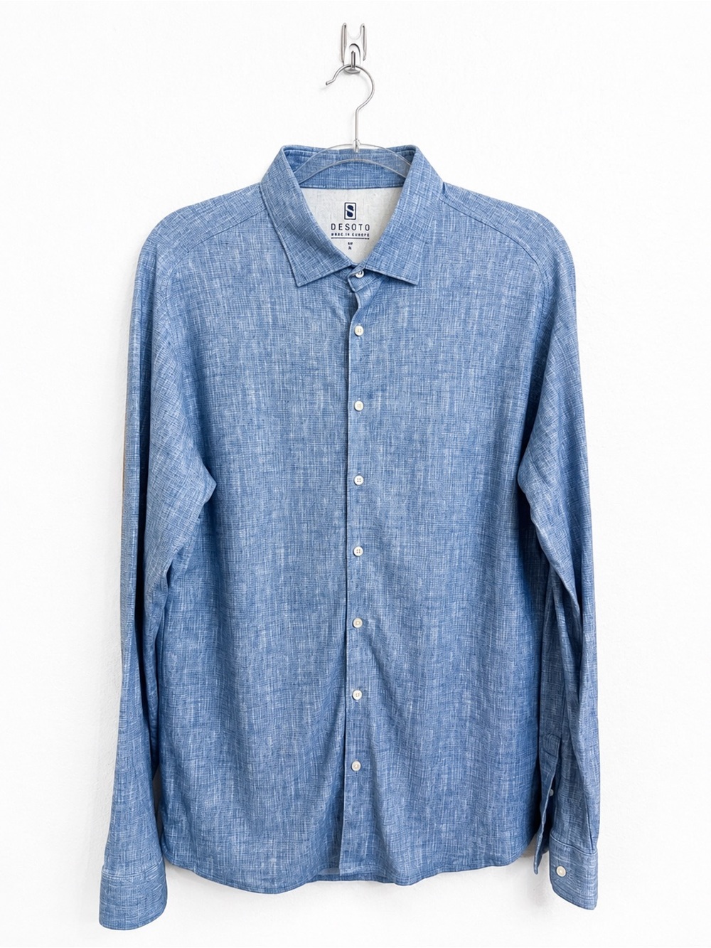 DeSoto Luxury Jersey Knit Button Front Shirt Blue Heather Stretch Cotton